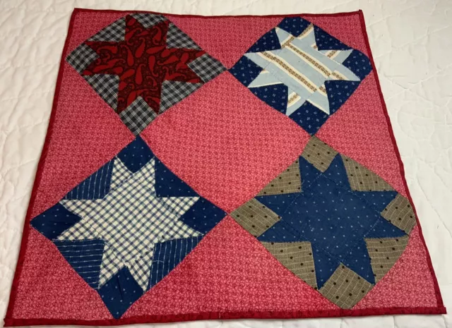 Antique Patchwork Quilt Table Topper, Star, Early Calico Prints, Pink, Blue