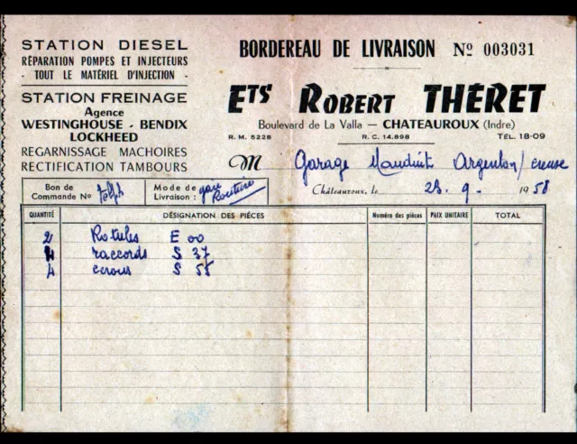 CHATEAUROUX (36) GARAGE / STATION SERVICE "Robert THERET" en 1958