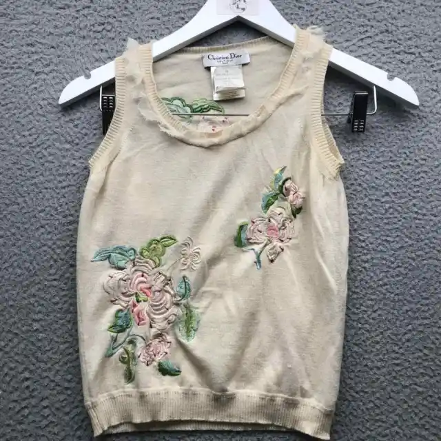Christian Dior Sleeveless Sweater Vest Women's Size 6 Embroidered Floral Rib Tan