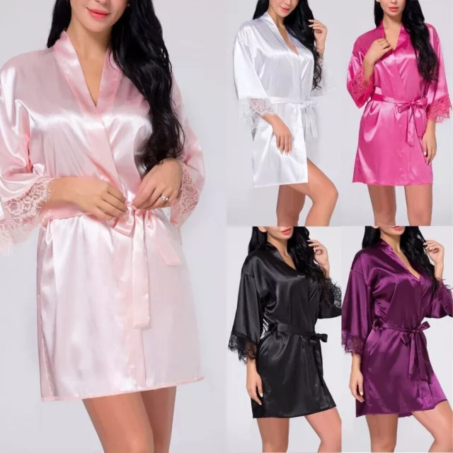 NEW UK Lace Robe Satin Silk Wedding Bridesmaid Kimono Dressing Gown Sleepwear