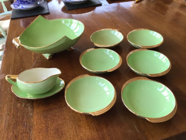 Royal Winton Grimwades Green Art Deco Dessert Set, Jug/Saucer Gilt Edge. Perfect