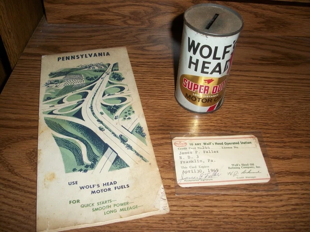 Lot of VINTAGE WOLF'S HEAD MOTOR OIL ITEMS - Bank, Map, Credit Card  Oil City Pa
