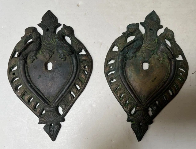 Antique Ornate Bronze Door Knob Back Plates Adorned With Birds