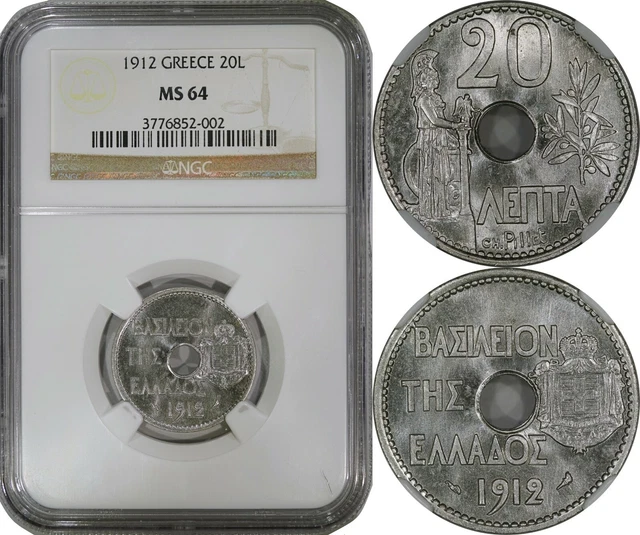 Greece 20 Lepta 1912 (Ngc Ms64) *Scarce & Beautiful 1 Year Type Coin*