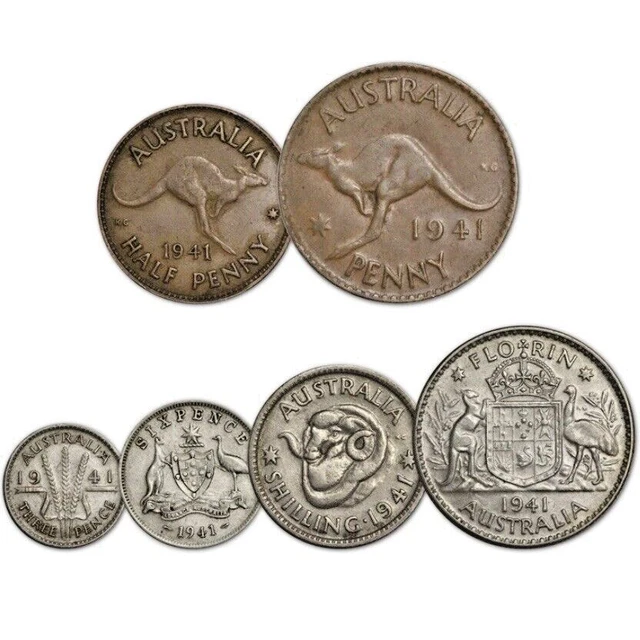 Australia 6 Coin Year Set - 1941 Florin Shilling 6pence 3pence Penny Half-Penny