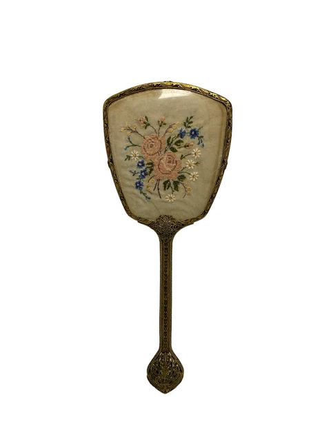 Vintage Ornate Filigree Dressing Table Hand Mirror Floral Design Brass Ornament
