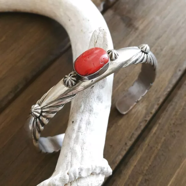 Vintage Navajo Thick Heavy Sterling Silver Red Coral 6.5" Open Cuff Bracelet