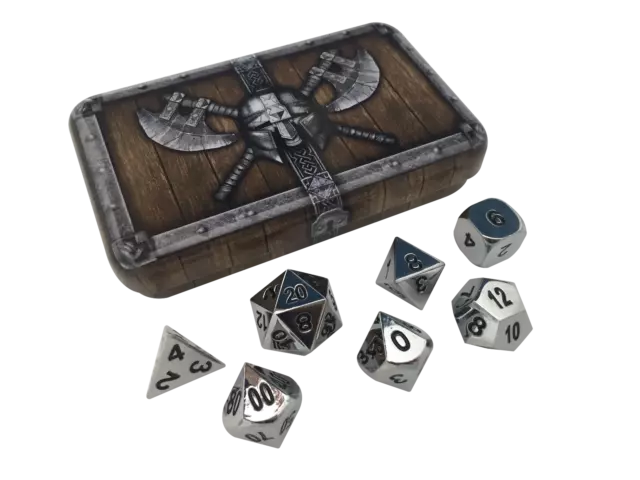 Dwarven Chest with Chrome / Silver Color with Black Numbering Metal Dice Set