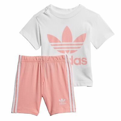 adidas Originals Kinder Trefoil Sommer Set Shirt + Shorts kurze Hose Weiß Rosa