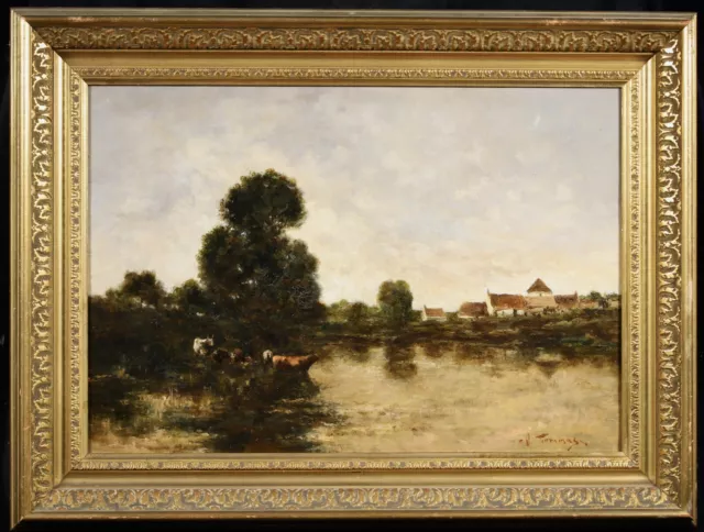 19th CENTURY FRENCH ITALIAN BARBIZON OIL ON CANVAS - CATTLE BY RIVER - TOMMASI