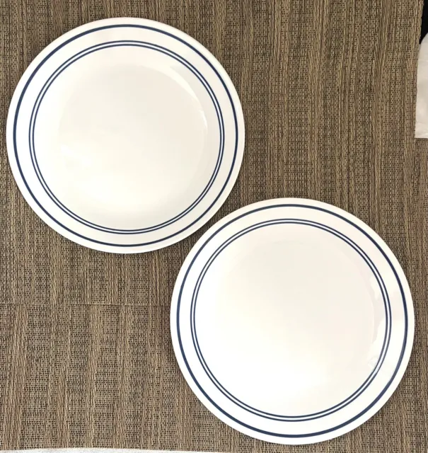 TWO 10.25" Dinner Plates - Corelle CLASSIC CAFE BLUE - White BLUE Stripes