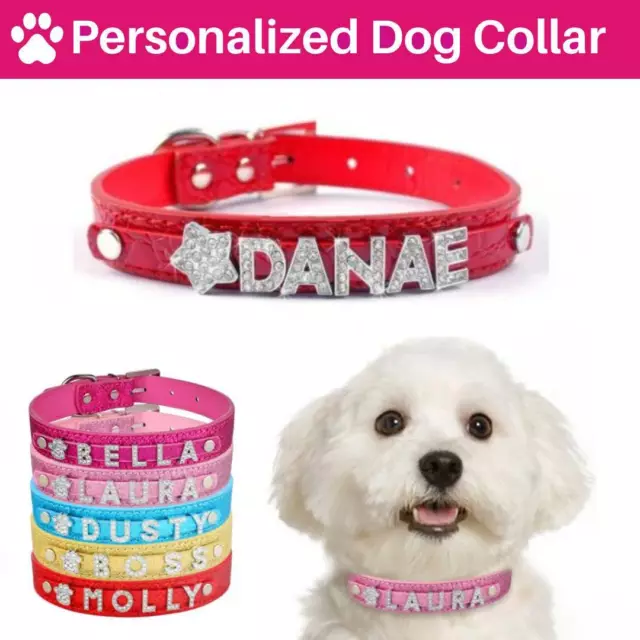 Personalised Dog Cat Pet NAME Collar | BLING PU Leather | Rhinestone Diamante