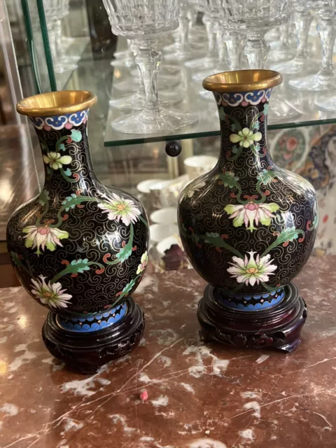 Paire De Vases  Emaux Cloisonne Superbe Decor Japonisant