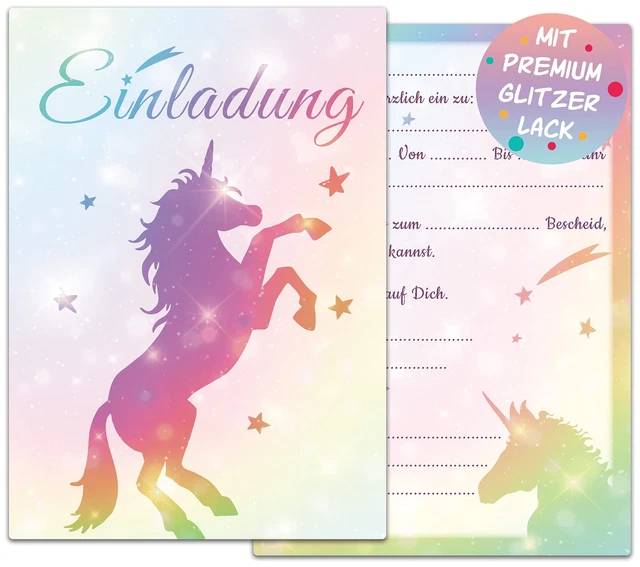 paperii Set da 10 pezzi, motivo: principessa con unicorno, principesse e fate con busta, biglietti di invito con glitter, per compleanno, unicorno, festa principessa, asilo, scuola