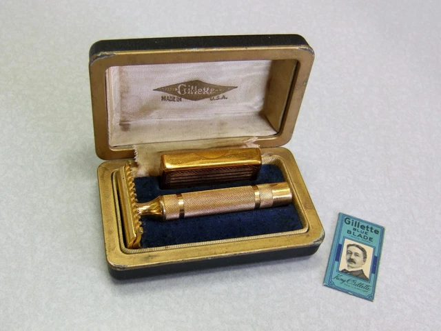 Gillette 1930 NEW BOSTONIAN Common Bar Handle DE Safety Razor Set in Case