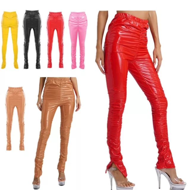 Womens PU Leather Elastic Waistband Pants Stacked Ruched Split Tights Trousers