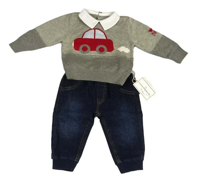 Completo Neonato Nazareno Gabrielli Jeans E Maglia Grigio Chiaro Da 1/3 A 6/9 Me