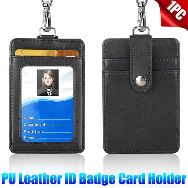 ID Badge Card Holder Neck Strap Lanyard Case Pu Leather Vertical Clip
