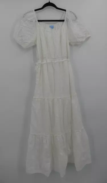 Draper James Dress Womens Small White Midi Eyelet Cotton Rayon Puff Sleeve *