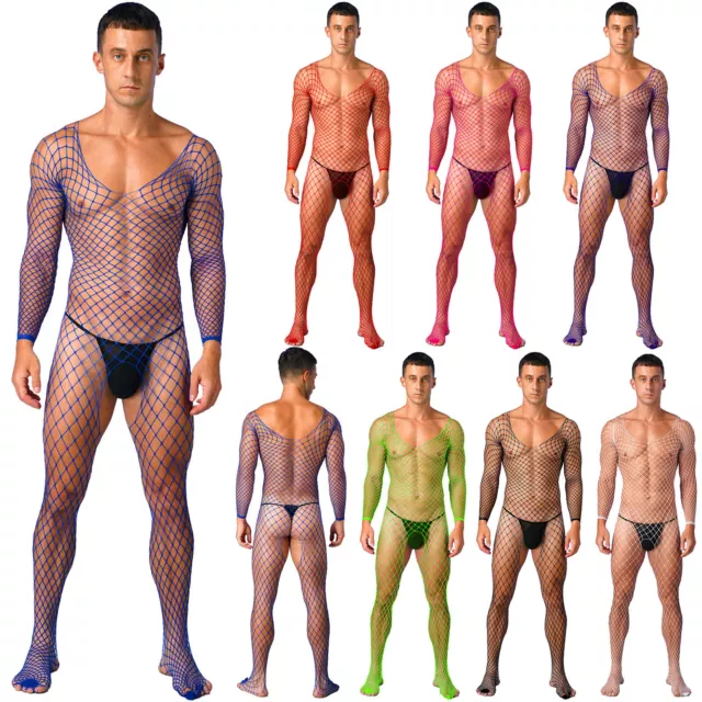 Mens Crotchless Bodystocking Stretchy Hollow Out Fishnet Bodysuit Mesh Lingerie