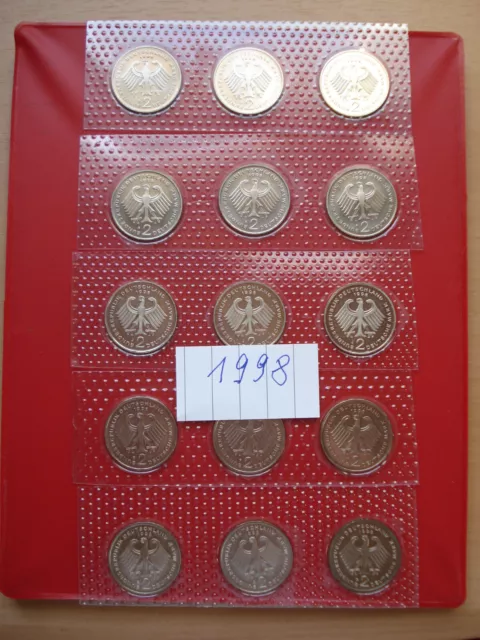2 DM Brandt, Erhardt, Strauß  1998, A,D,F,G,J aus Kursmünzensatz  15 Münzen Foli