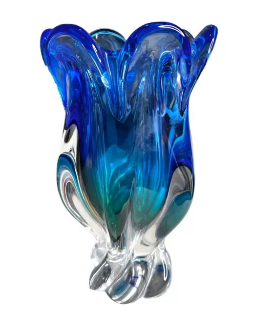 Royal Gallery Art Glass Vase Tulip Edge 1999 Blue Green Heavy Vintage