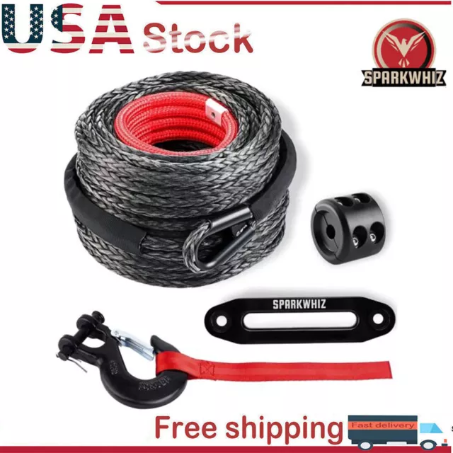 100FT 25000LBS Synthetic Winch Cable Rope Winch Line Rope w/Steel Hook SUV ATV