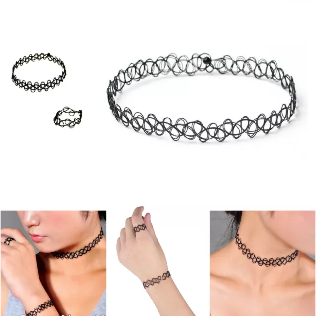 3pcs Black Choker Tattoo Necklace Set Retro Vintage Stretch Bracelet Ring Lace