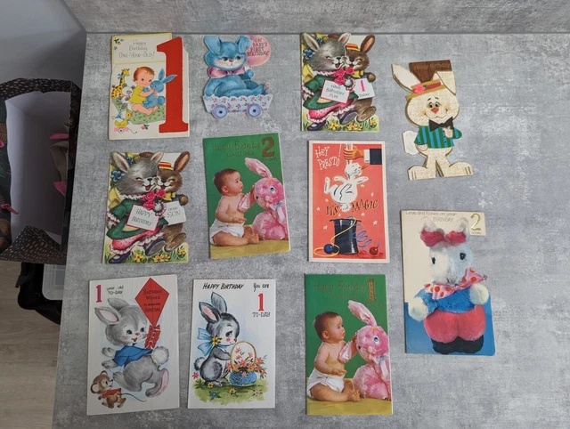 Vintage Retro Used Cute Rabbit Bunny Childrens Baby Birthday Cards x 11
