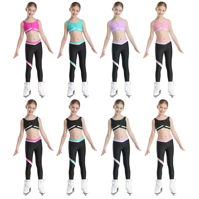 Kids Girls Top And Leggings Contrast Color Outfits Yoga Vest 2pcs Dancewear Set