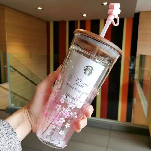 Double 591 ml+ Glass Straw Cup Starbucks Tumbler Pink Sakura Cherry Blossom Plug