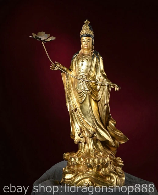 18.8" Old Chinese Copper Gild Buddhism Kwan-yin Guan Yin goddess lotus Statue