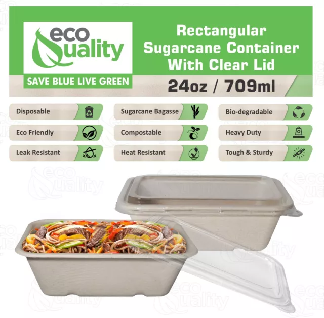 24oz Sugarcane Fiber Bowl with Plastic Lid Compostable Disposable Oblong 500pcs