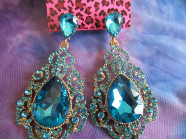 Betsey Johnson Blue Crystal Rhinestone Elegant Tear Drop Earrings Nwt