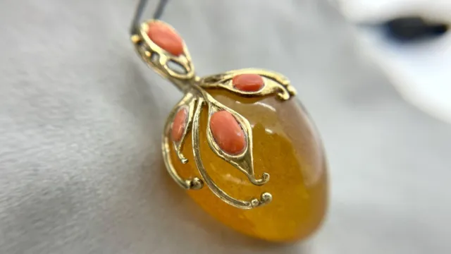 Pendant Egg Amber Oval Shape With Flowers 925 Silver & Red Coral Handmade Gift