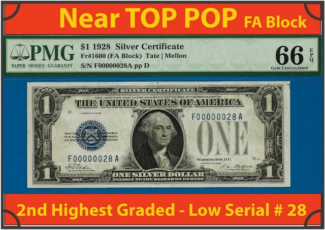 Near TOP POP ✅1928 $1 S/C ➡️ 2nd Finest 🔴 2 Digit # 28 ⬅️ PMG 66EPQ - FA Block