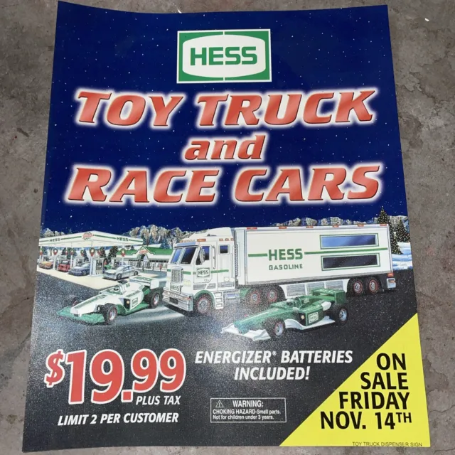 Vintage Hess Advertising Display Sign Poster Toy Truck Race Cars Gasoline Gas