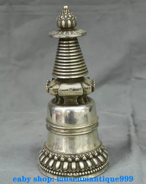 8.8" Ancient Chinese Silver Buddhism Circular Stupa Pagoda Tower Sculpture