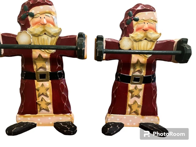 Vintage Style Christmas SANTA Carved Wood Tea Towel Holder Set Of 2