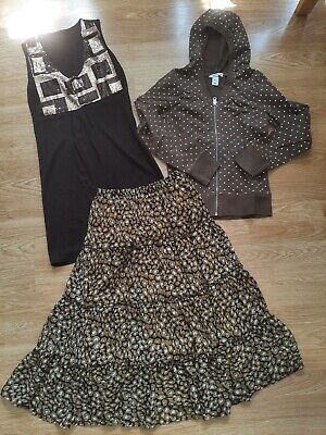 (106) Brown 11 yr bundle - animal print gypsy skirt, polka dot hoodie, top/dress