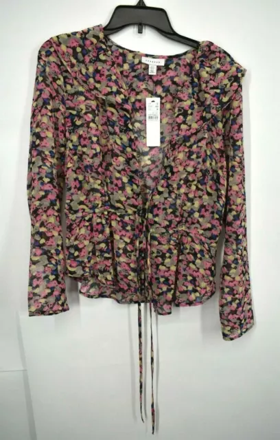 Topshop Womens Confetti Print Long Sleeve Blouse Button Front Split Neck 8 NWT