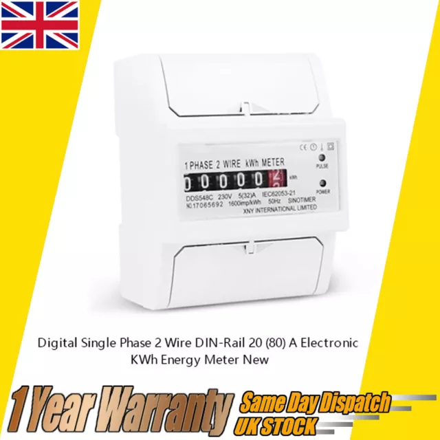 Digital Single Phase 2 Wire DIN-Rail 20(80)A Electronic KWh Energy Meter NEW