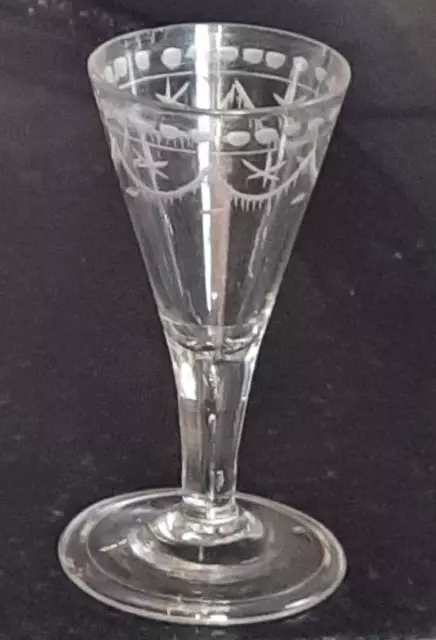 Pretty Georgian Wheel Engraved Swagged Trumpet Bowled Gin Glass on Folded Foot