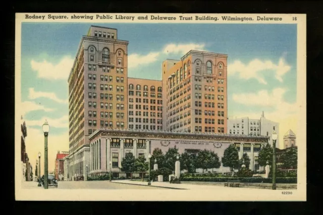 Delaware DE postcard Wilmington, Rodney Square Public Library Trust Bldg linen