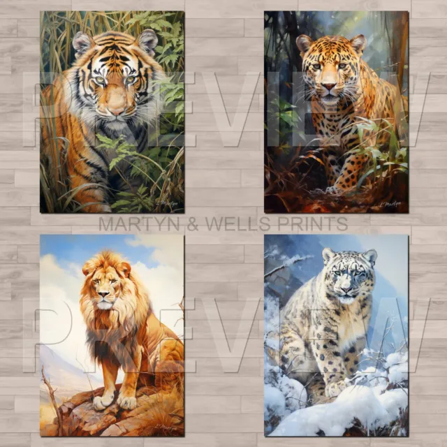 Big cat prints: Lion. Tiger. Jaguar. A4 canvas paper / poster. Art portraits.