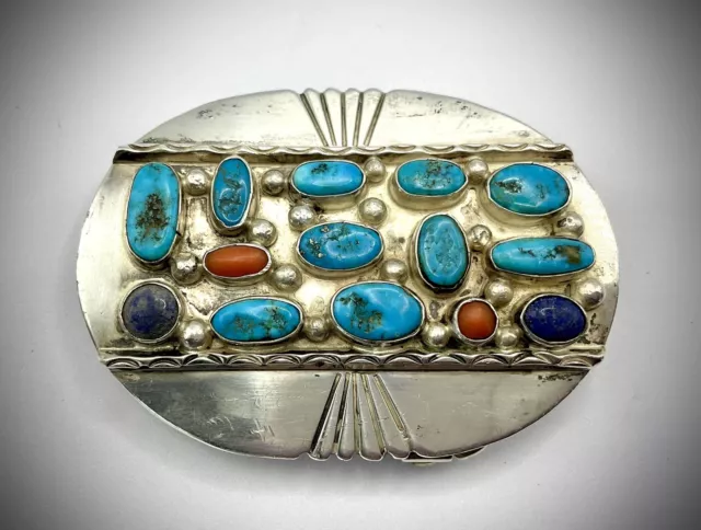 Vtg sterling Navajo Turquoise, Coral And Lapis Belt Buckle 60 Grams