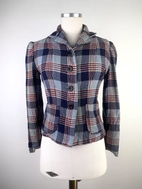 Vintage 1930s Jacket Size M Plaid Check Wool Burgundy Blue Pockets