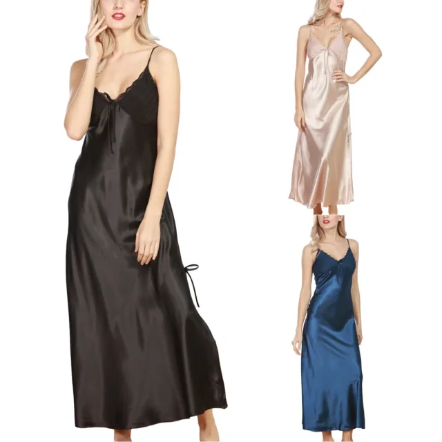 Women's Satin Nightgown Dress Silk Lace Sleeveless Long V Neck Chemise Lingerie