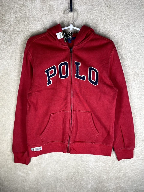Polo Ralph Lauren Casual Hoodie Zip Up Jumper Size L Unisex Kids Red Logo