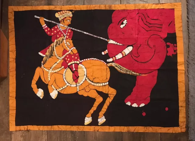 Vintage BATIK Stoffplatte handgefärbt Mann auf Pferd Jagd Elepahnt 30x 28 Zoll